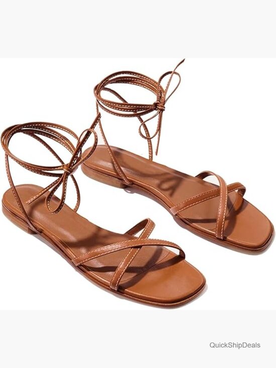 Shoes - Faux Leather Gladiator Sandals with Adjustable Lace-Up Ankle Straps